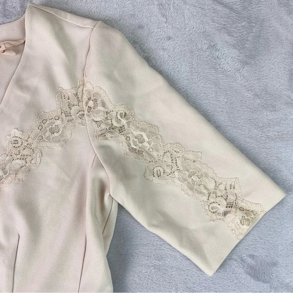 Rebecca Taylor Crepe Lace Inset Top Size 8 Beige Pleated 3/4 Sleeve V Neck - Picture 4 of 13